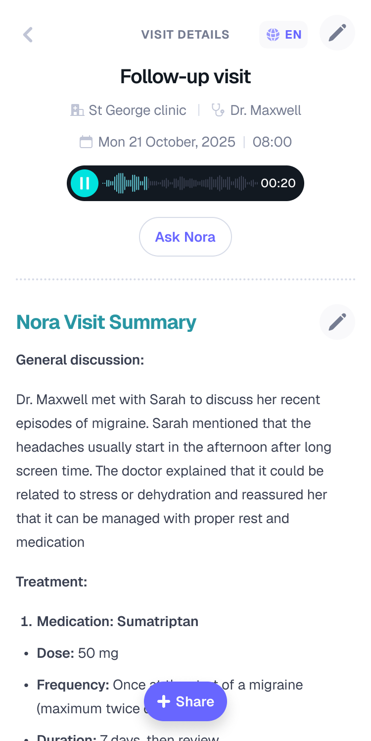 AlignCare Nora visit summary with key topics, medications, and next steps
