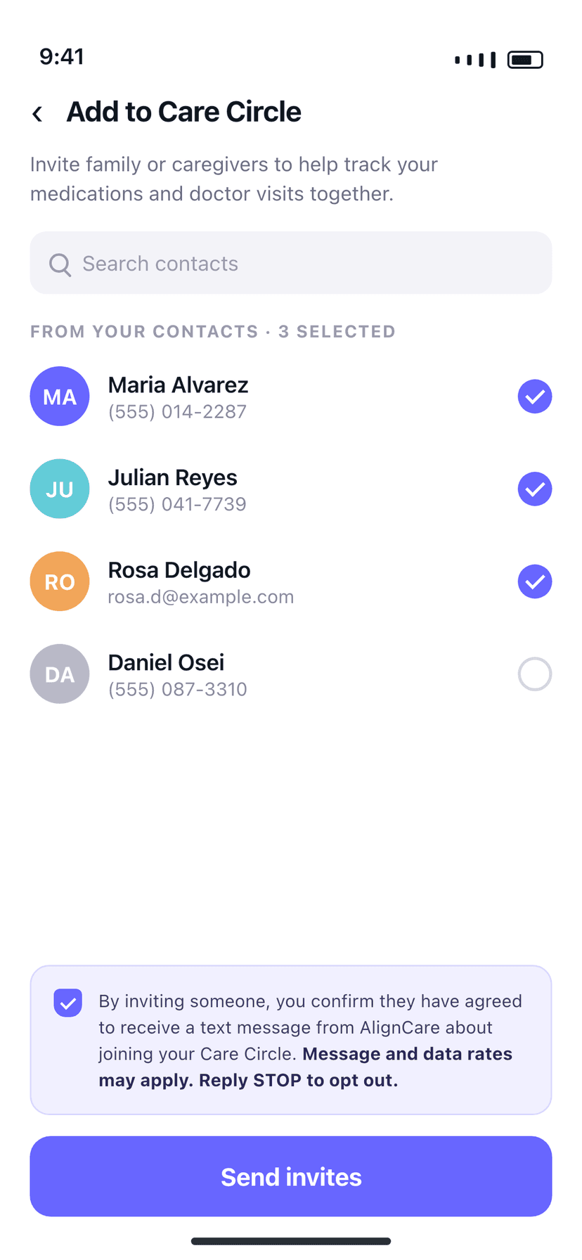 AlignCare in-app 'Add to Care Circle' screen showing selected contacts, the consent disclosure confirming the recipient has agreed to receive a text about joining the Care Circle, message and data rates and Reply STOP notice, and the Send invites button.