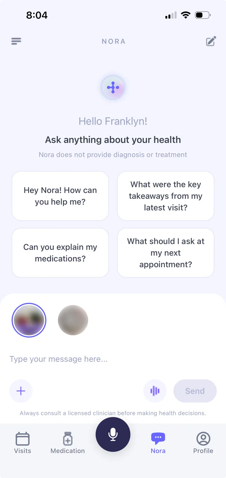 Nora, the AlignCare AI health assistant, with suggested questions about visit takeaways, medications, and what to ask at the next appointment